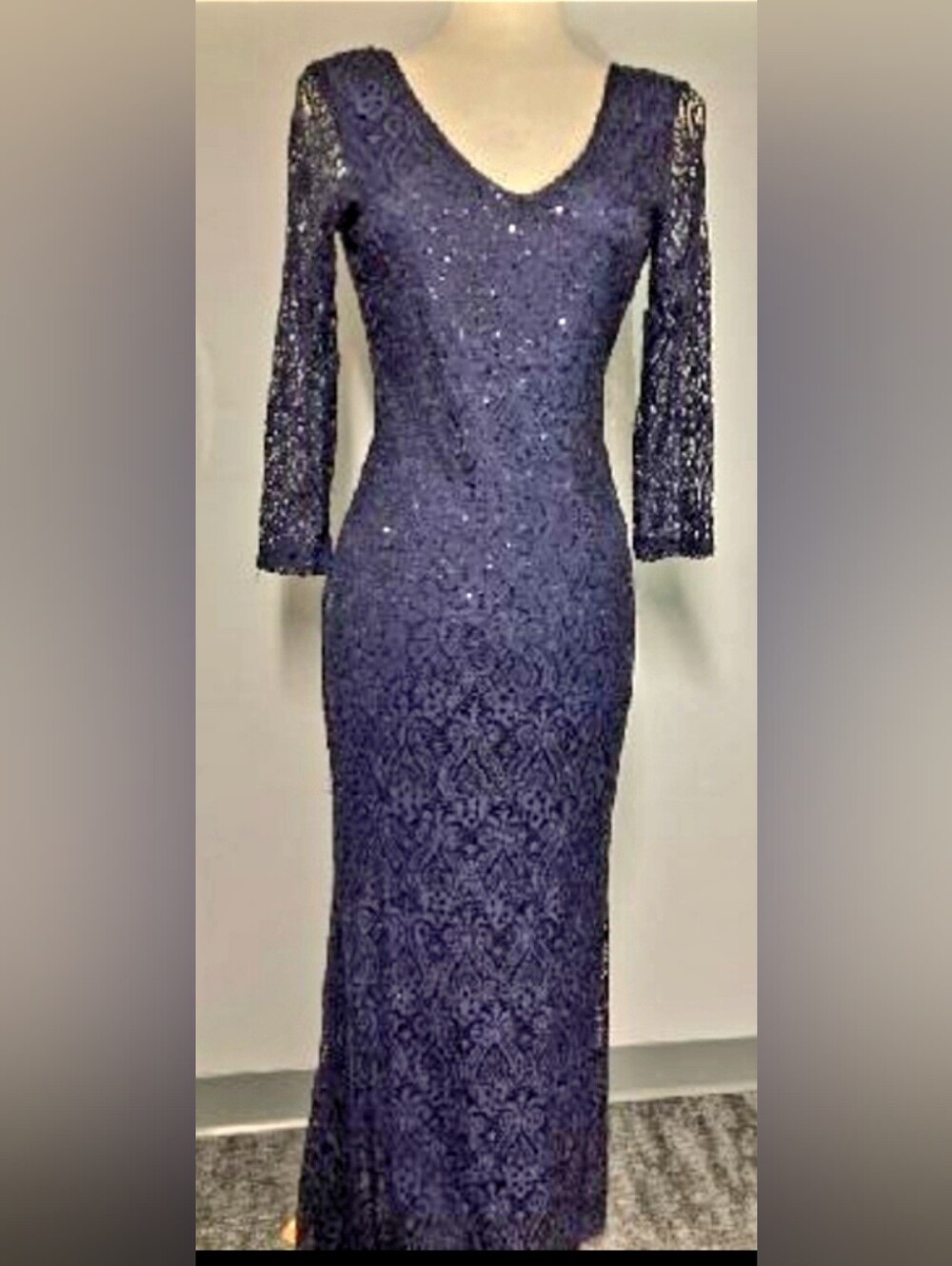 💎 MARINA Sequin Royal Blue Long Sleeve V-Neck Floor Length Dress